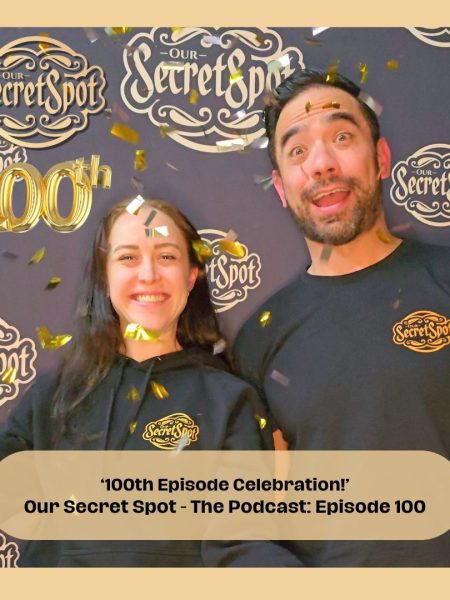 OSS Podcast Episode 100 cover featuring bold text, confetti, and a microphone surrounded by sexy listener message icons
