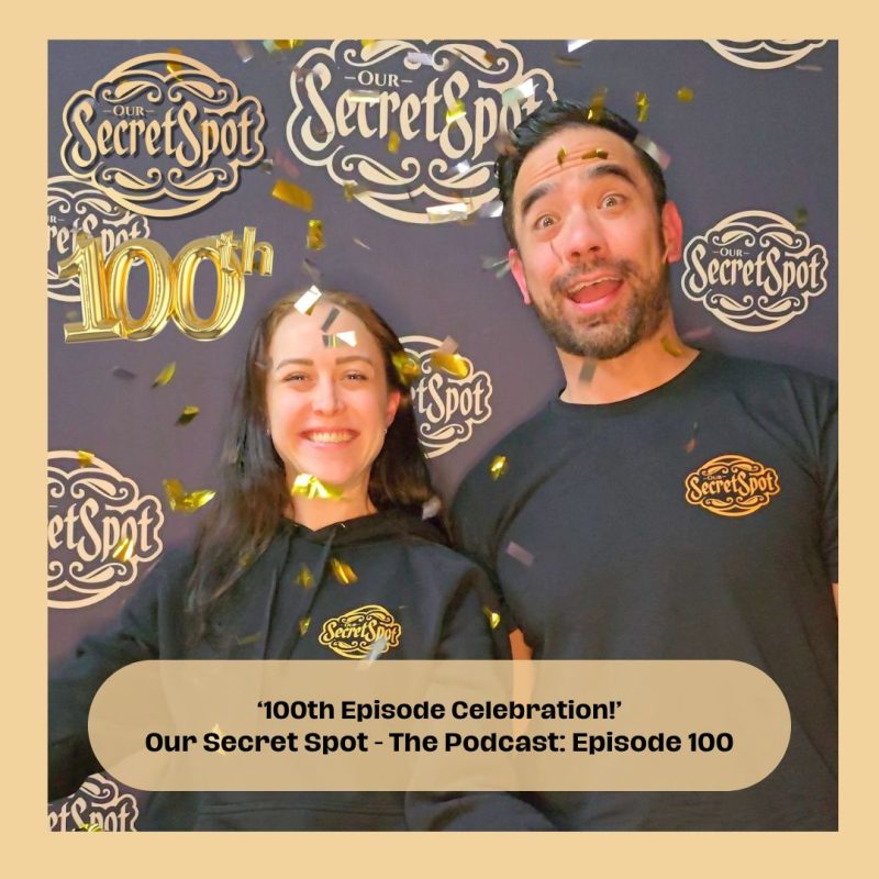 OSS Podcast Episode 100 cover featuring bold text, confetti, and a microphone surrounded by sexy listener message icons