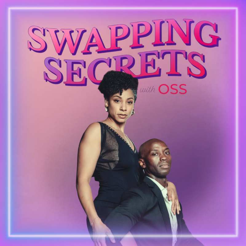 Podcast cover art for Swapping Secrets featuring Jess and Lawrence, promoting an episode about first-time swingers club stories and newbie tips.